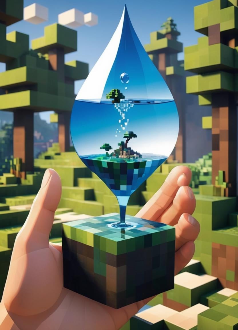 Minecraft style (Ultrarealistic:1.3) a picture of a hand holding a drop of water, environmental artwork, environmental art, inspired by Igor Morski, vincent callebaut, vincent callebaut composition, sylvain sarrailh and igor morski, environmental key art, water art manipulation, sustainability, alex andreev, clean environment, sustainable, ecological art, environment, green technology, sustainable materials <lora:Minecraft FF LoCON 02:1>,(Provia:1.3),(close portrait:1.3),(Feminine:1.4),(beautiful:1.4),(attractive:1.3),handsome,calendar pose,perfectly detailed eyes,studio lighting,thematic background . Blocky, pixelated, vibrant colors, recognizable characters and objects, game assets