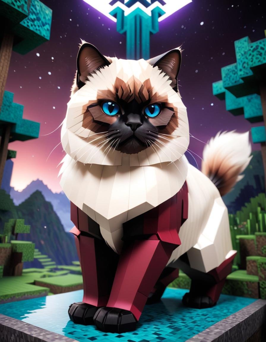 Surrealist art <lora:Minecraft FF LoCON 03:1> minecraft, MOBA style, Himalayan Cat, the Himalayan Cat is Robotic, Maroon color grading . Dreamlike, mysterious, provocative, symbolic, intricate, detailed