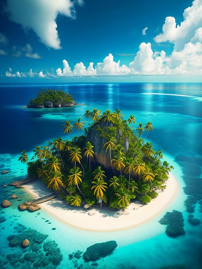 arafed island with palm trees and a sandy beach, tropical island, epic matte painting of an island, island in a blue sea, an island floating in the air, an island, island landscape, island floating in the sky, island background, monsoon on tropical island, island in the background, floating island, tropical location, island, island with cave, many islands, no humans, tree, cloud, sky, outdoors, scenery, day, palm tree, ocean, water, beach, blue sky, horizon, cloudy sky, nature, sand