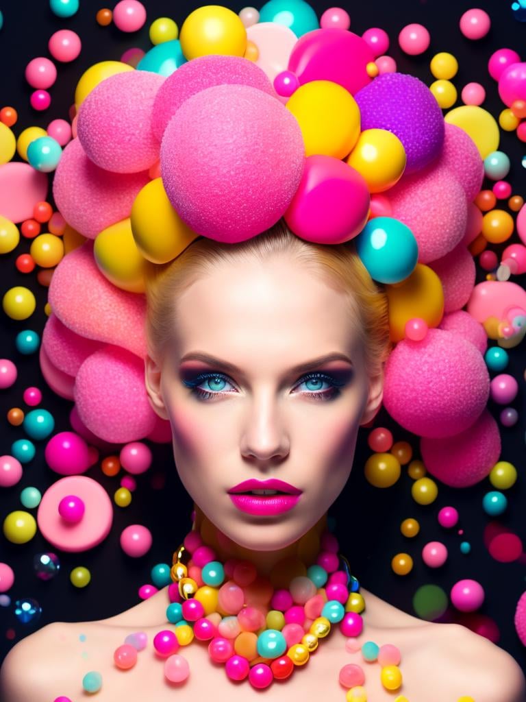 a woman with lots of colorful candies on her face and a necklace on her neck and neck, surrounded by colorful swirls and confetties, and bubbles, on her face, on a black background, 1girl, solo, blue eyes, blonde hair, looking at viewer, colorful, lips, parted lips, bare shoulders, multicolored hair, curly hair, pink hair, eyelashes, portrait, hair ornament