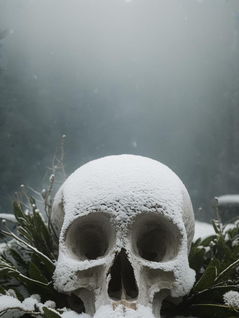 <lyco:di.FFUSION.ai-tXe-FXAA:2.0>  classicnegative photo, a cracked white moldy skull with a gold wreath ornament, overgrown by mold in the dirt, snow, fantasy, 1970s dark fantasy movie, haze, halation, bloom, dramatic atmosphere, centred, rule of thirds