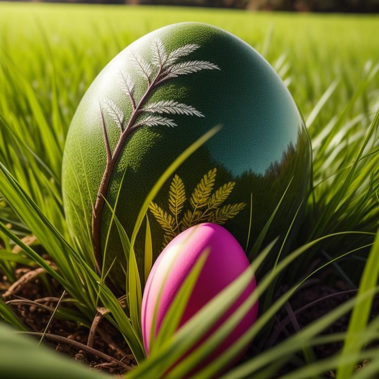 a group of colorful eggs sitting on top of a green field of grass with a decorative design on them, artist_name, blurry, blurry_background, blurry_foreground, day, depth_of_field, garden, grass, leaf, nature, on_grass, outdoors, palm_tree, plant, tree, tree_stump