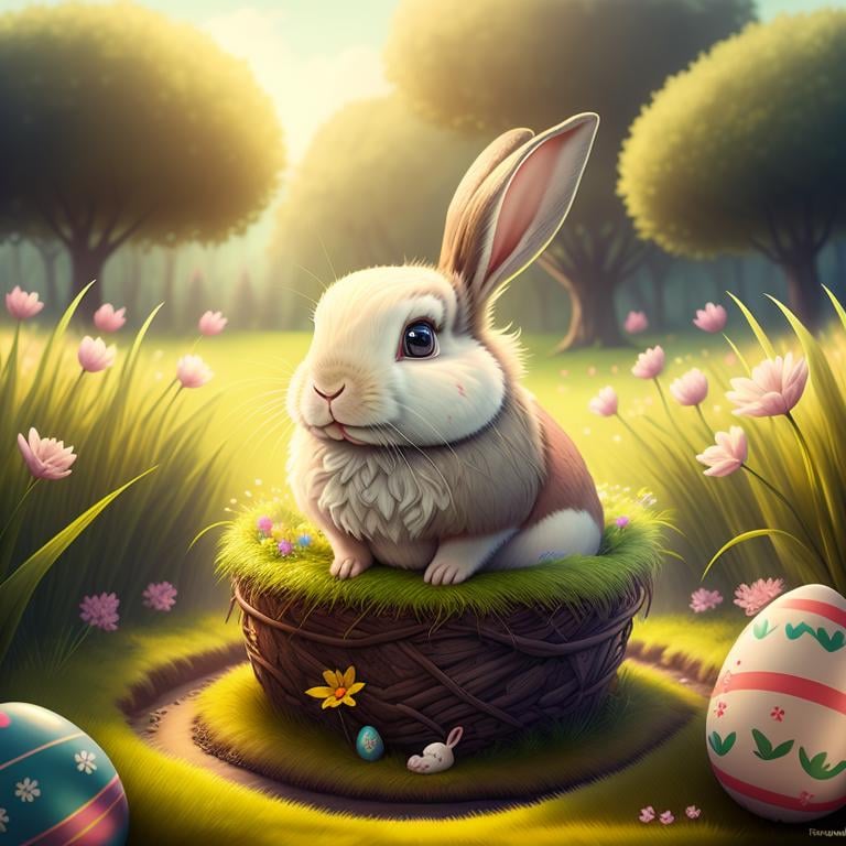 there is a rabbit that is sitting in a hole in the grass, easter, rabbt_character, bunny, cute anthropomorphic bunny, astri lohne, cute detailed digital art, rabbit_bunny, by Aleksander Gierymski, by Patrick Brown, by (Randy Gallegos:1.46), rob mcnaughton, adorable digital painting, background artwork neon style by James Jean fine hair young Emma Watson