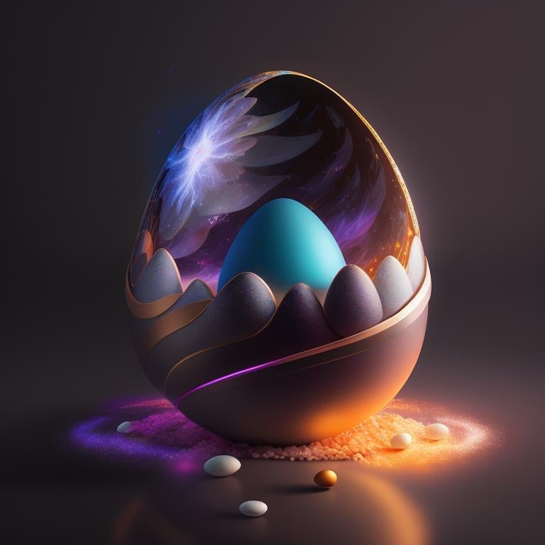 there is a large egg with a hole in it on a dark surface, 3d digital art 4k, cinema 4d bright light render, cinema 4 d art, 3d render digital art, humpty dumpty in form of egg, digital art render, high-quality render, magic frozen ice phoenix egg, cinema 4 d render, cinema 4d render <lora:easter-fusion:1>