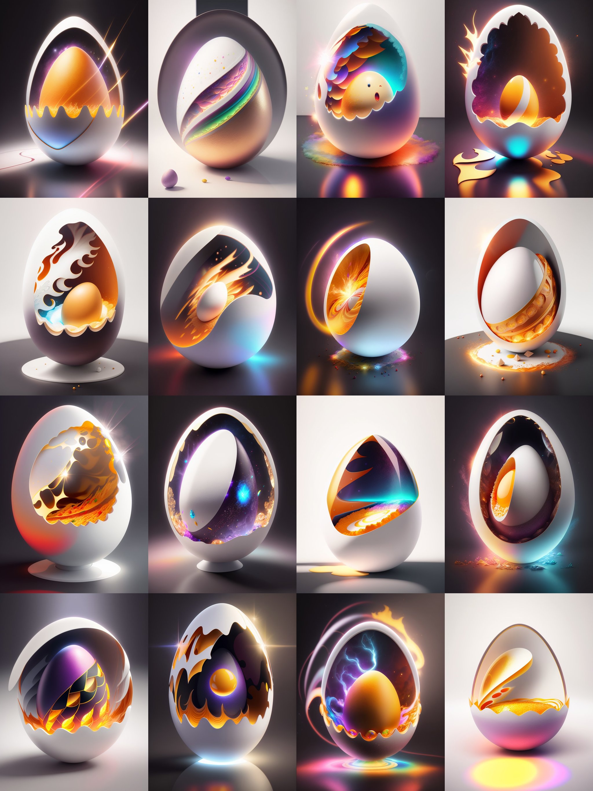 there is a large egg with a hole in it on a dark surface, 3d digital art 4k, cinema 4d bright light render, cinema 4 d art, 3d render digital art, humpty dumpty in form of egg, digital art render, high-quality render, magic frozen ice phoenix egg, cinema 4 d render, cinema 4d render, white background, color slash, aint <lora:easter-fusion:1>