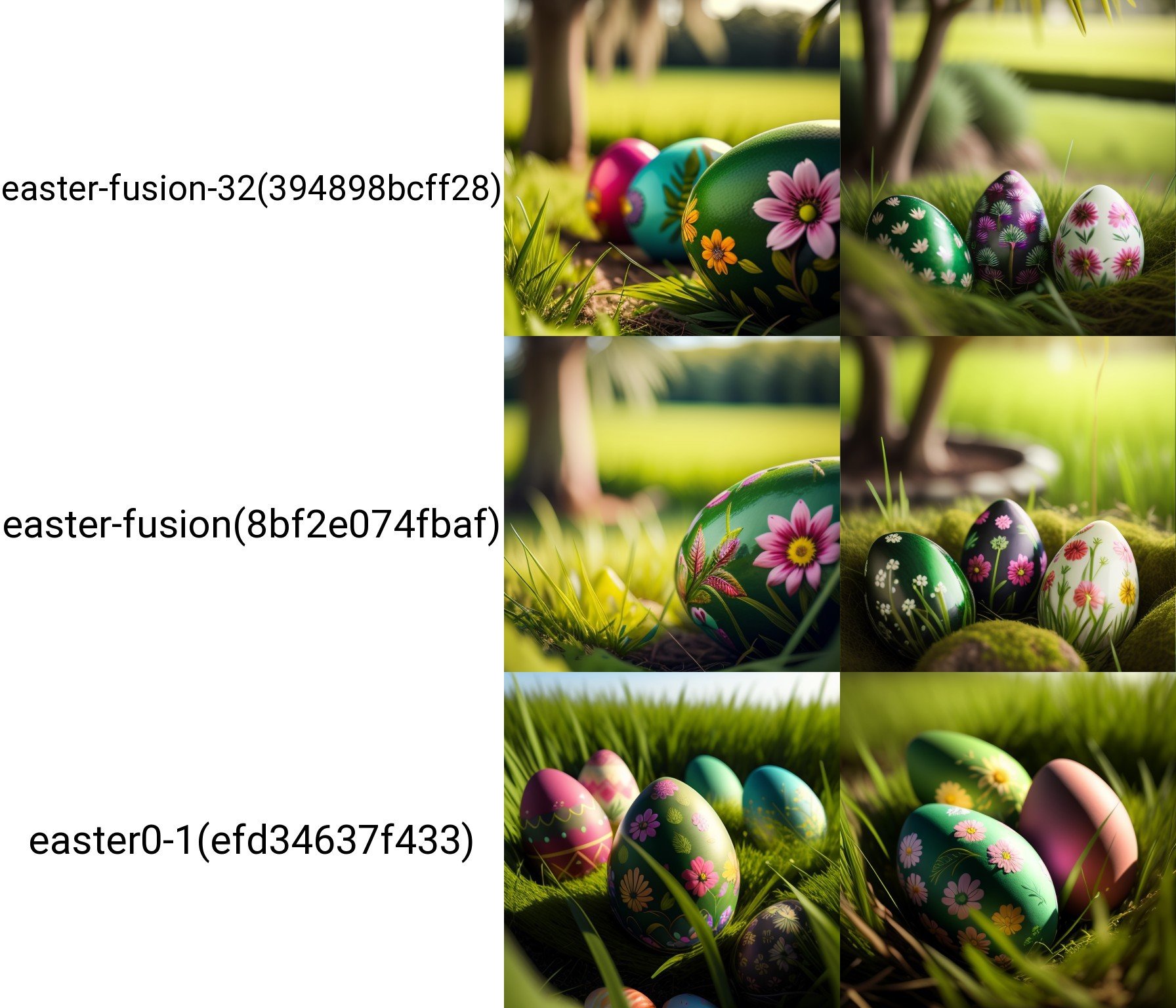 a group of colorful eggs sitting on top of a green field of grass with a decorative design on them, artist_name, blurry, blurry_background, blurry_foreground, day, depth_of_field, garden, grass, leaf, nature, on_grass, outdoors, palm_tree, plant, tree, tree_stump