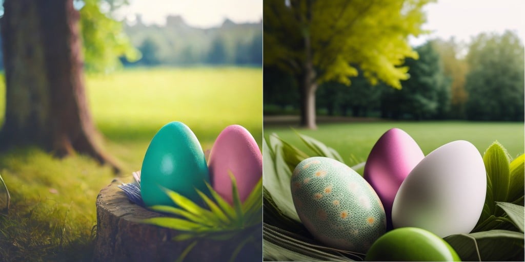 a group of colorful eggs sitting on top of a green field of grass with a decorative design on them, artist_name, blurry, blurry_background, blurry_foreground, day, depth_of_field, garden, grass, leaf, nature, on_grass, outdoors, palm_tree, plant, tree, tree_stump