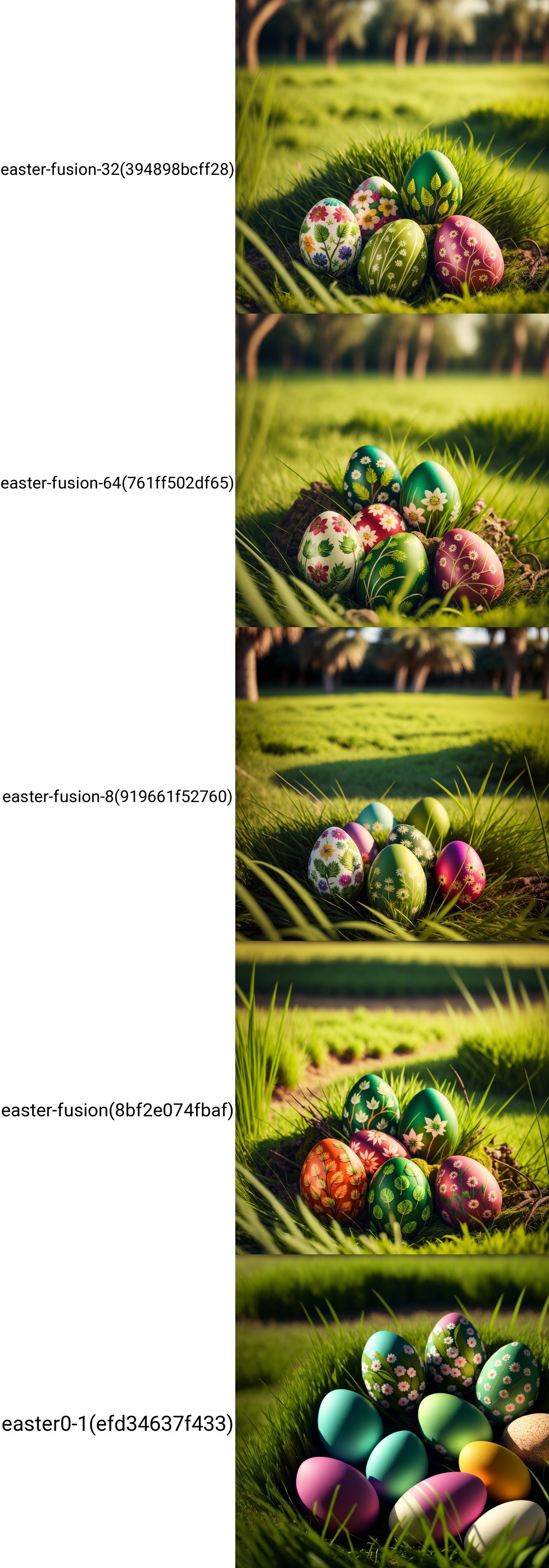 a group of colorful eggs sitting on top of a green field of grass with a decorative design on them, artist_name, blurry, blurry_background, blurry_foreground, day, depth_of_field, garden, grass, leaf, nature, on_grass, outdoors, palm_tree, plant, tree, tree_stump