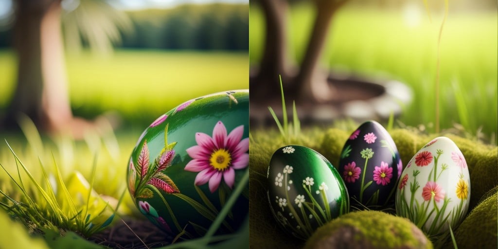 a group of colorful eggs sitting on top of a green field of grass with a decorative design on them, artist_name, blurry, blurry_background, blurry_foreground, day, depth_of_field, garden, grass, leaf, nature, on_grass, outdoors, palm_tree, plant, tree, tree_stump