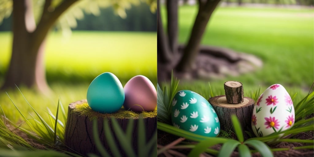 a group of colorful eggs sitting on top of a green field of grass with a decorative design on them, artist_name, blurry, blurry_background, blurry_foreground, day, depth_of_field, garden, grass, leaf, nature, on_grass, outdoors, palm_tree, plant, tree, tree_stump