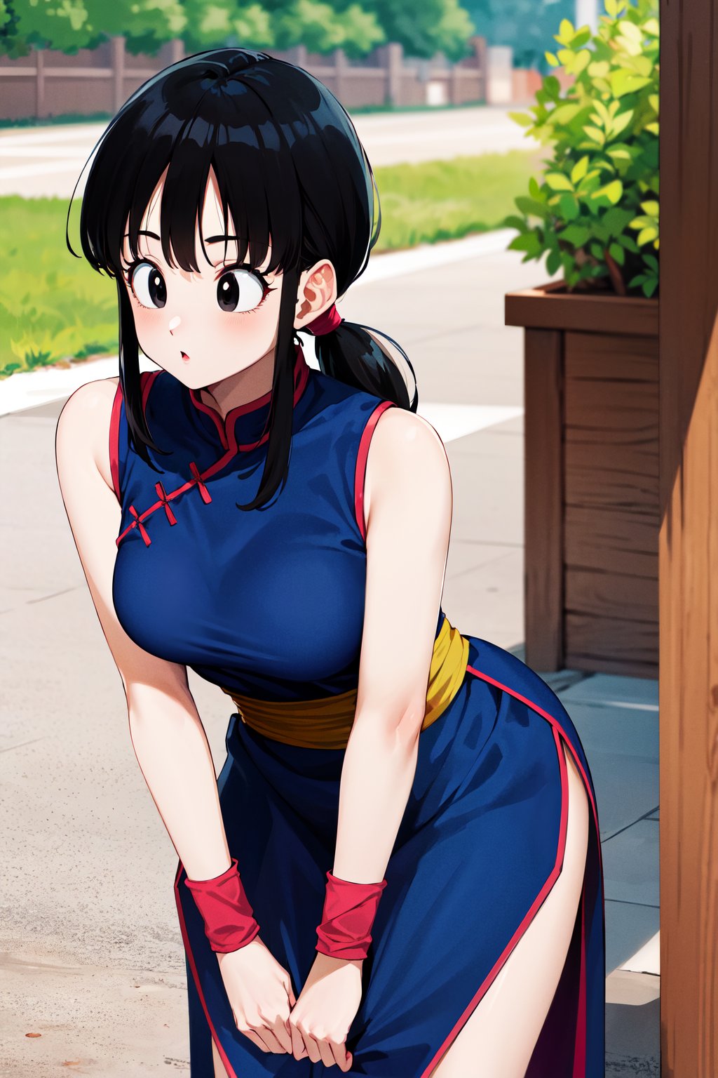 masterpiece, best quality, highres, dragon ball, bbchichi, (low ponytail:1.1), black eyes, chinese clothes, blue dress, sleeveless, wristband, sash, <lora:chi-chi_v1:0.6>, leaning forward, standing, outdoors,