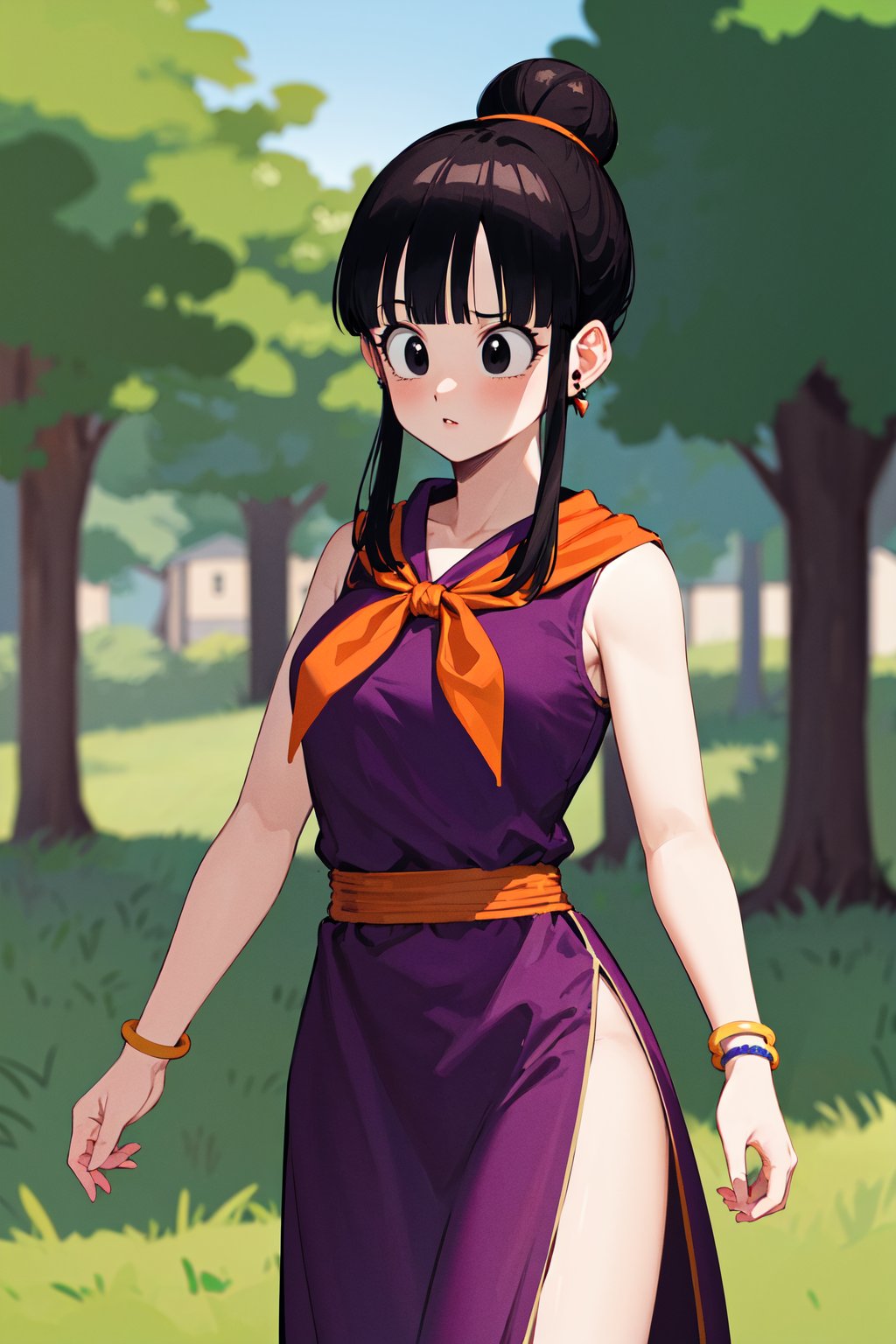 masterpiece, best quality, highres, dragon ball, bbchichi, single hair bun, hair bun, blunt bangs, sidelocks, black eyes,  earrings, orange neckerchief, orange scarf, purple dress, sleeveless, bracelet, <lora:chi-chi_v1:0.6>, standing, cowboy shot, outdoors