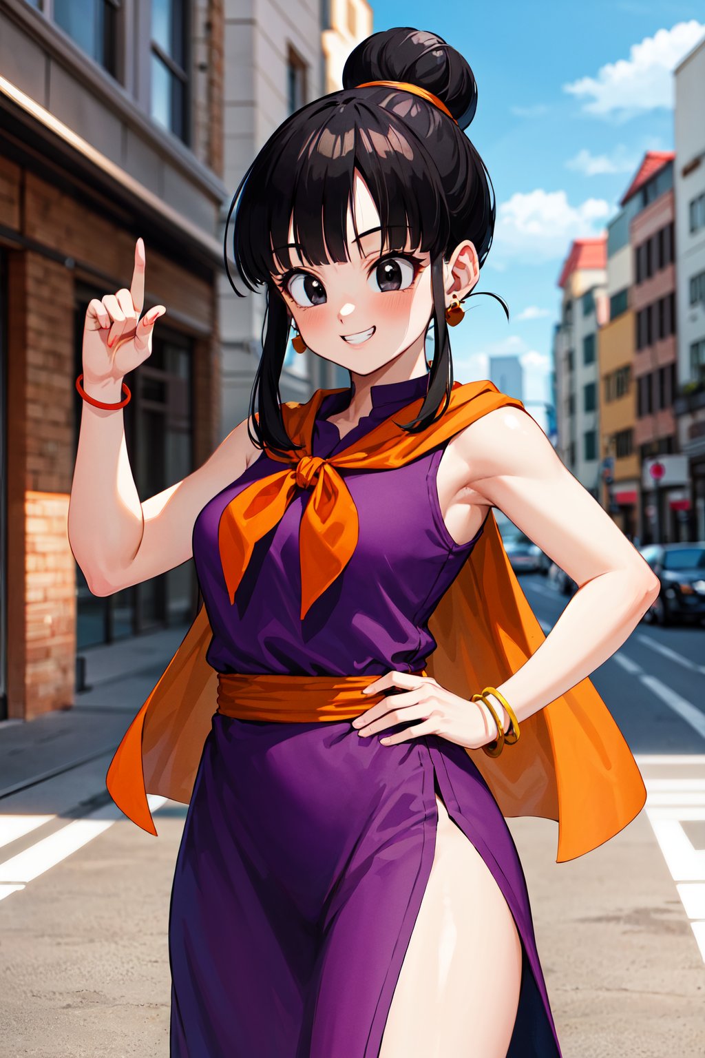 masterpiece, best quality, highres, dragon ball, bbchichi, single hair bun, hair bun, blunt bangs, sidelocks, black eyes,  earrings, orange neckerchief, orange scarf, purple dress, sleeveless, bracelet, <lora:chi-chi_v1:0.6>, grin, hand on hip, smile, outdoors, street,