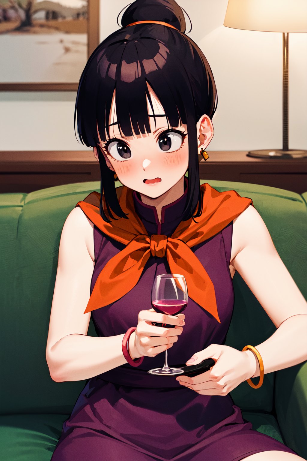 masterpiece, best quality, highres, dragon ball, bbchichi, single hair bun, hair bun, blunt bangs, sidelocks, black eyes,  earrings, orange neckerchief, orange scarf, purple dress, sleeveless, bracelet, <lora:chi-chi_v1:0.6>, sitting, holding cup, wine glass, sofa, drunk, blush, wavy mouth, open mouth, 