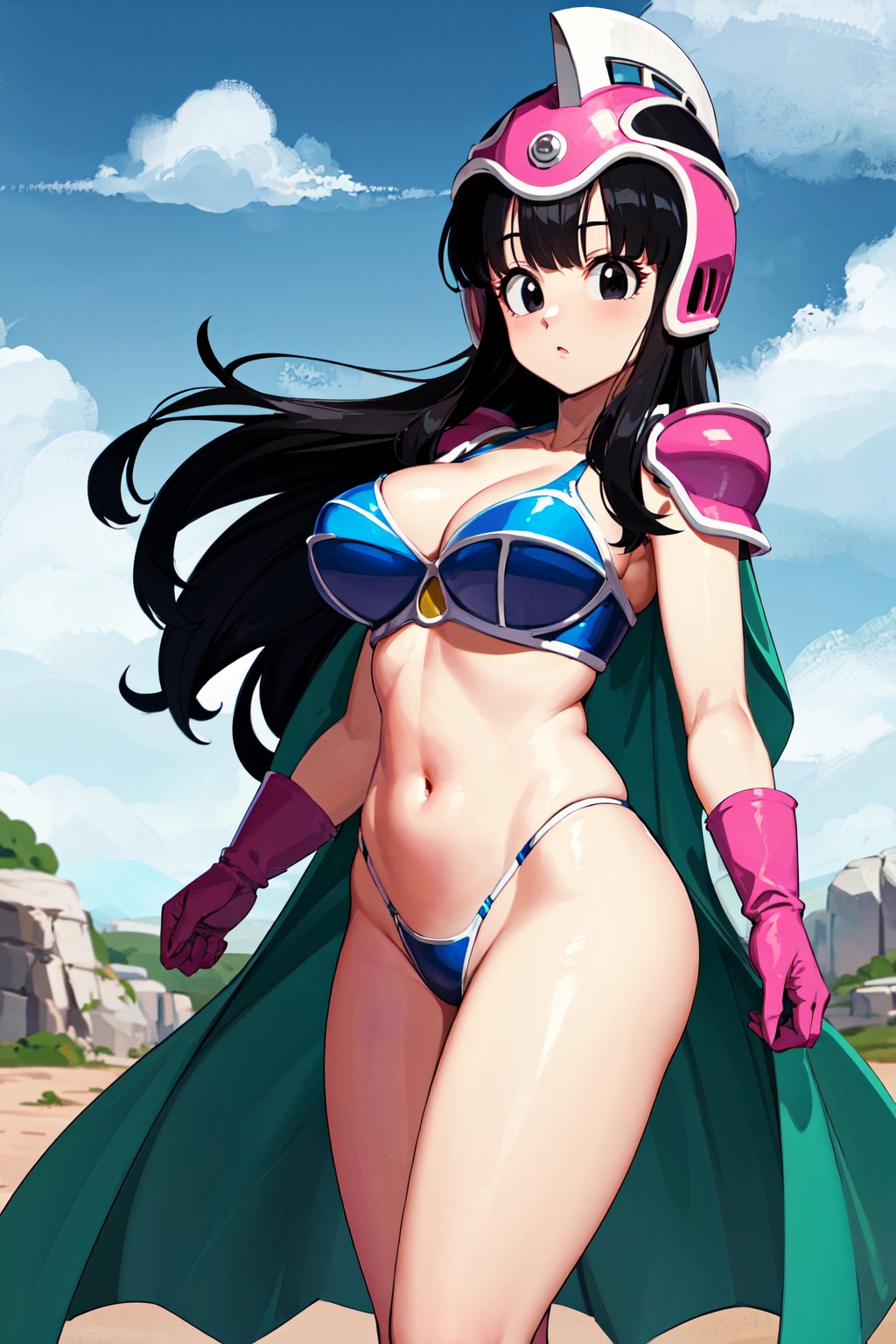 masterpiece, best quality, highres, dragon ball, aachichi, long hair, helmet, pink headwear, black eyes, large breasts, shoulder armor, bikini armor, green cape, pink gloves, navel, groin, <lora:chi-chi_v1:0.7>, standing, cowboy shot, outdoors, looking at viewer,