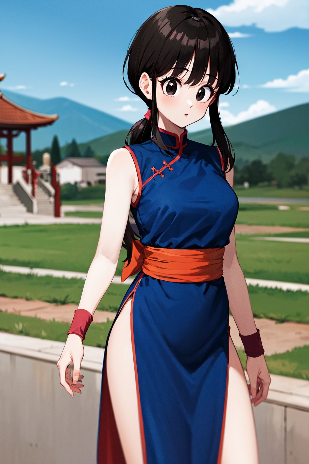 masterpiece, best quality, highres, dragon ball, bbchichi, (low ponytail:1.1), black eyes, chinese clothes, blue dress, sleeveless, wristband, sash, <lora:chi-chi_v1:0.6>, looking at viewer, cowboy shot, standing, outdoors