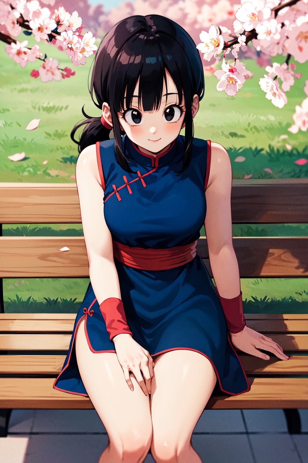 masterpiece, best quality, highres, dragon ball, bbchichi, (low ponytail:1.1), black eyes, chinese clothes, blue dress, sleeveless, wristband, sash, <lora:chi-chi_v1:0.6>, sitting, bench, smile, petals, outdoors