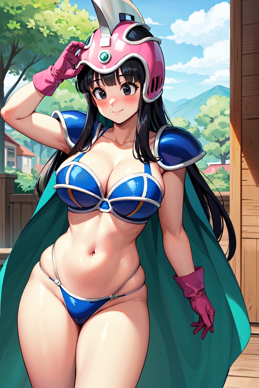 masterpiece, best quality, highres, dragon ball, aachichi, long hair, helmet, pink headwear, black eyes, large breasts, shoulder armor, bikini armor, green cape, pink gloves, navel, groin, <lora:chi-chi_v1:0.7>, embarrassed, standing, blush, smile, outdoors