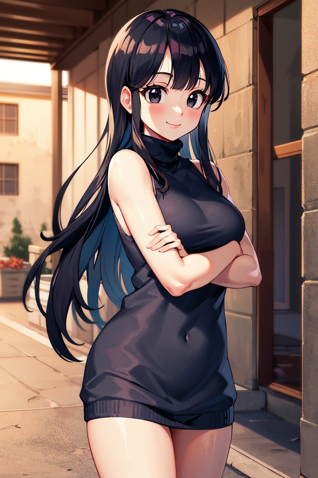 masterpiece, best quality, highres, dragon ball, aachichi, long hair, black eyes, <lora:chi-chi_v1:0.7>, street, turtleneck sweater, sweater dress, sleeveless, virgin killer sweater, cowboy shot, smile,