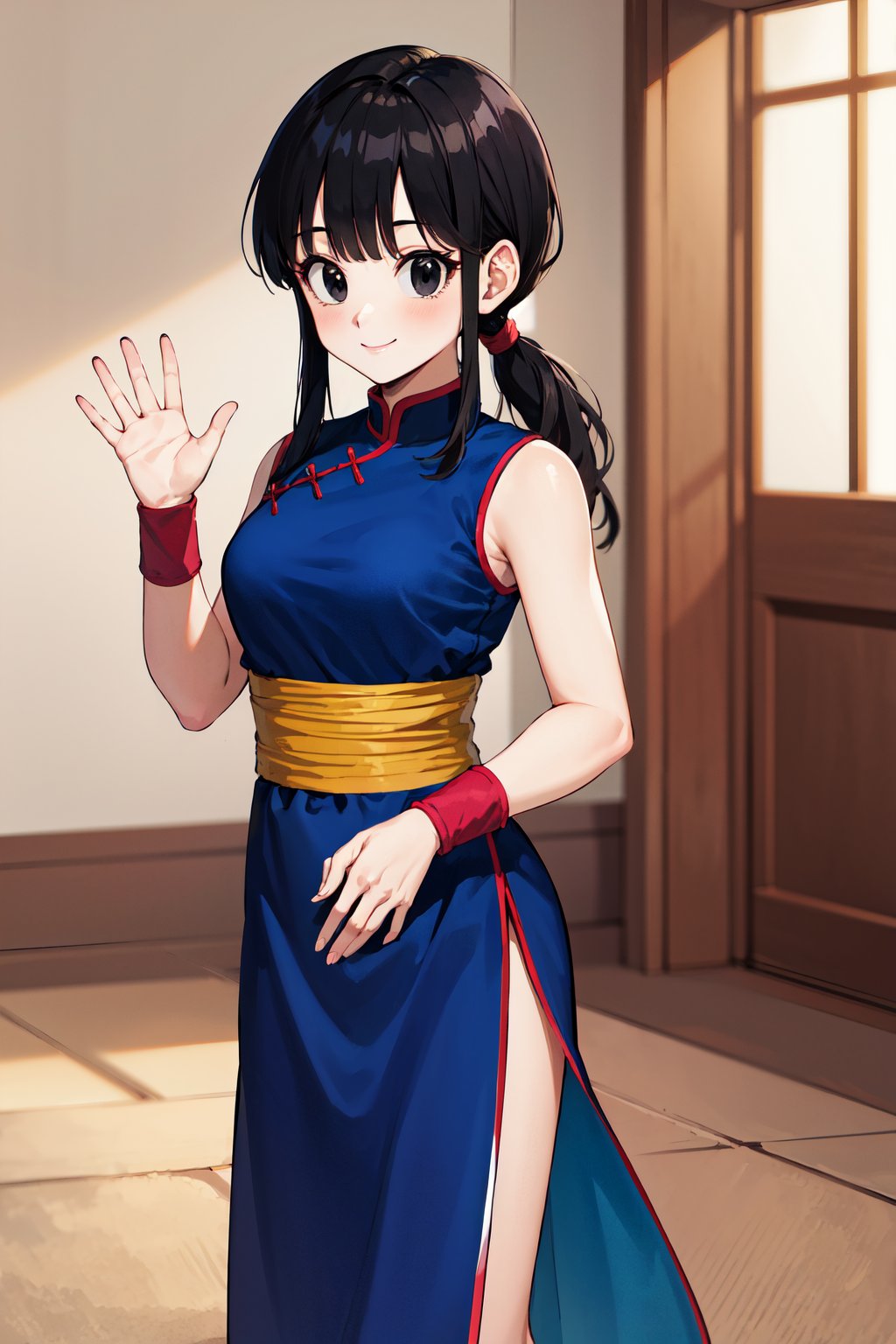 masterpiece, best quality, highres, dragon ball, bbchichi, (low ponytail:1.1), black eyes, chinese clothes, blue dress, sleeveless, wristband, sash, <lora:chi-chi_v1:0.6>, waving, smile, indoors, 