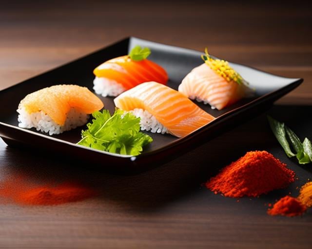 spices a background, quality khoshroo, picture, seaweed, meat, an chopsticks, herbs humans, wooden no shrimp vegetable, salmon, fish, focus, caviar, the table, with photography, bowl, salmon on food made super strange sushi, leaf, realistic styled high island carrot, ingredients rice, life, plate, professional still food, and tray, of savory, fresh, photo, black, food, no humans, rice, food focus, still life, sushi