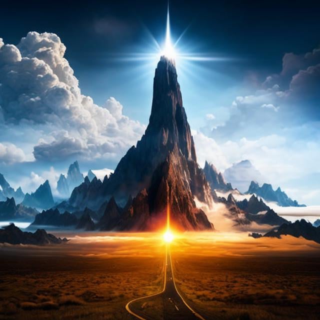 a in cloudy mountains bright dark sky background sky, no humans, outdoors, tower middle the with top desert light scenery, on at cloud, flames glowing, mountain, it science and fiction of clouds