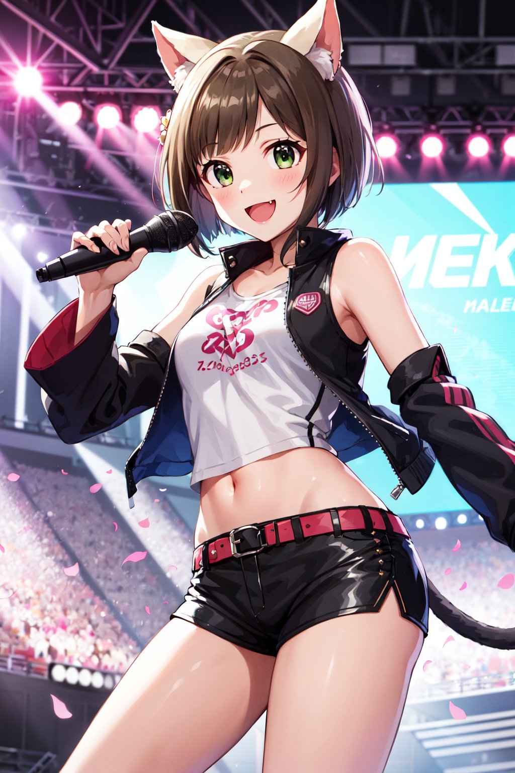 masterpiece, best quality, highres, maemiku, short hair, fang, animal ears, cat tail, hair ornament, shirt, cropped jacket, sleeveless, detached sleeves, short shorts, black shorts, <lora:maekawa_miku_v1:0.7>, outdoors, standing, cowboy shot, holding microphone, smile, open mouth, stage