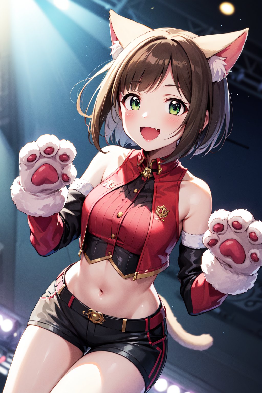 masterpiece, best quality, highres, maemiku, short hair, fang, animal ears, cat tail, hair ornament, shirt, cropped jacket, sleeveless, detached sleeves, gloves, animal hands, short shorts, black shorts, <lora:maekawa_miku_v1:0.7>, stage, paw pose, smile, open mouth, standing