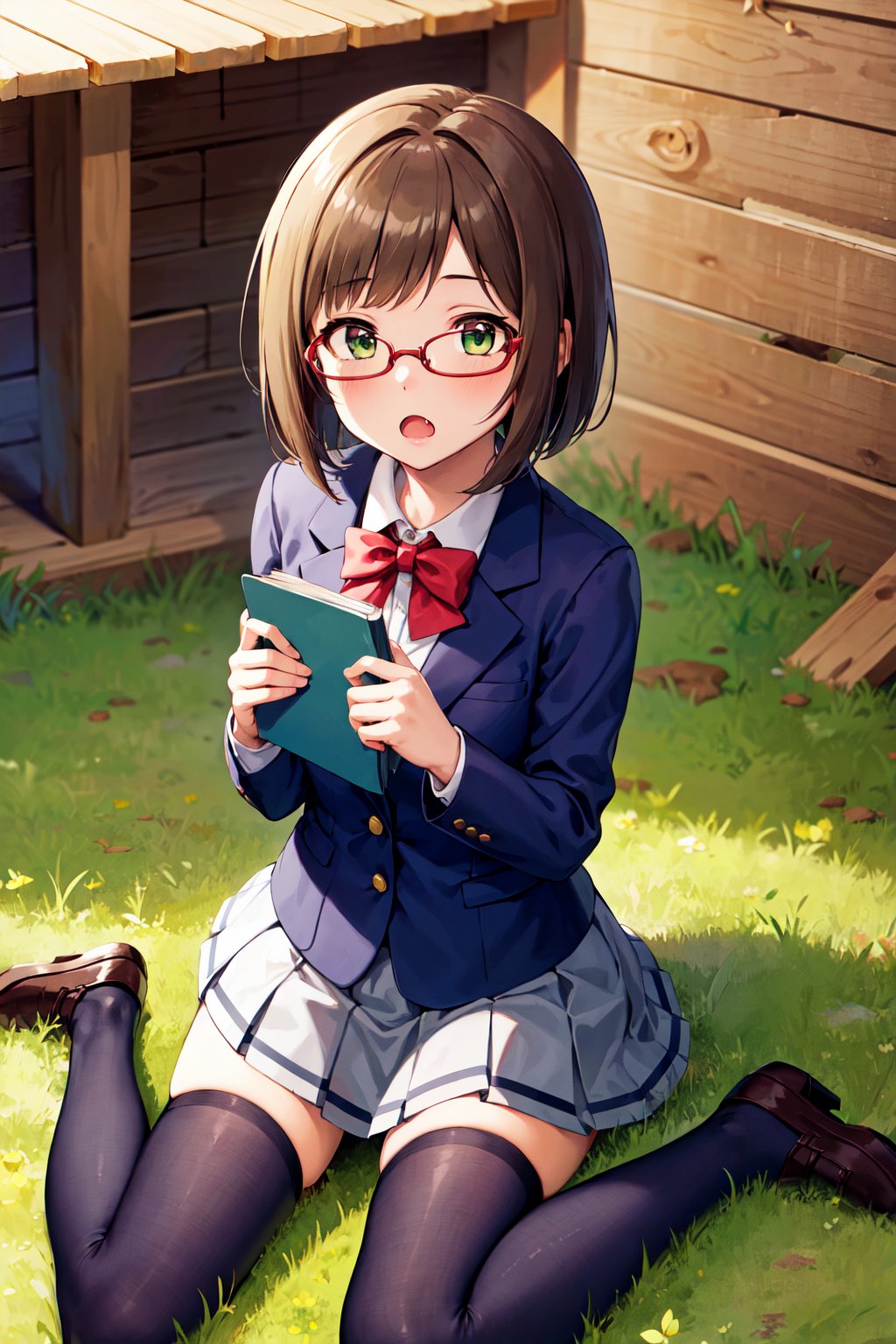 masterpiece, best quality, highres, maemiku, short hair, fang, school uniform, red bow, collared shirt, blue jacket, blazer, long sleeves, pleated skirt, grey skirt, black thighhighs, glasses, <lora:maekawa_miku_v1:0.7>, sitting, wariza, grass, building, book, :o,