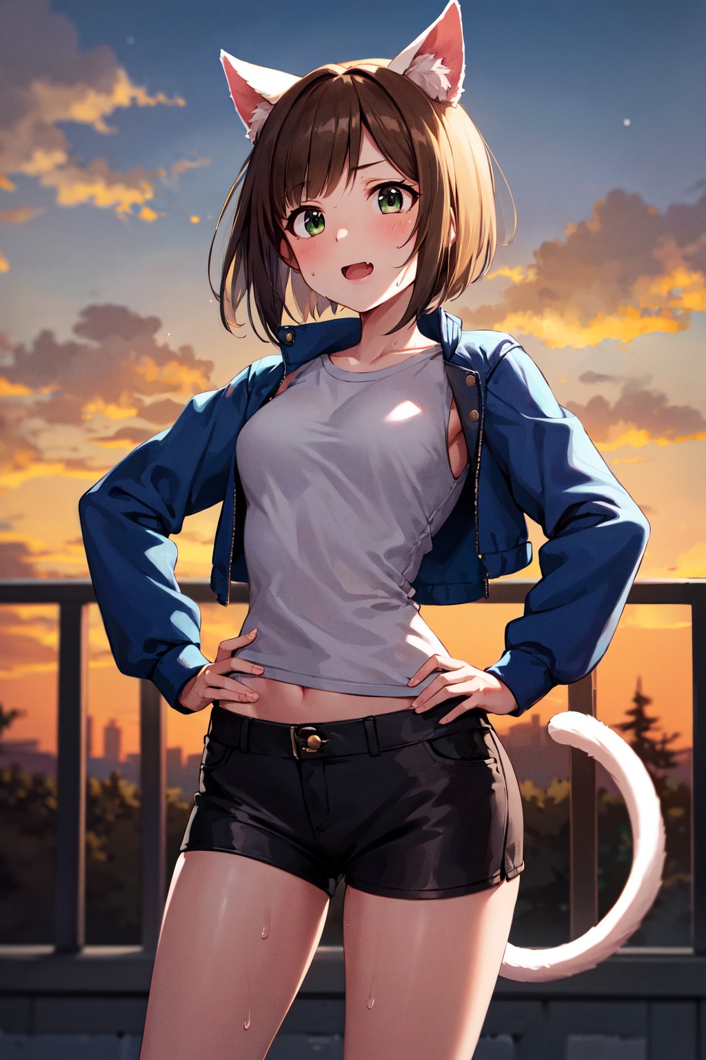 masterpiece, best quality, highres, maemiku, short hair, fang, animal ears, cat tail, shirt, jacket, cropped jacket, short shorts, black shorts, <lora:maekawa_miku_v1:0.7>, outdoors, standing, cowboy shot, hand on hip, sweat,