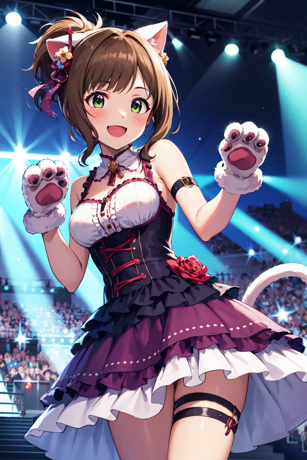 masterpiece, best quality, highres, maemiku, short hair, ponytail, fang, animal ears, cat tail, hair ornament, hair ribbon, medium breasts, dress, sleeveless, arm strap, frills, layered dress, animal hands, gloves, <lora:maekawa_miku_v1:0.7>, standing, cowboy shot, paw pose, smile, open mouth, stage