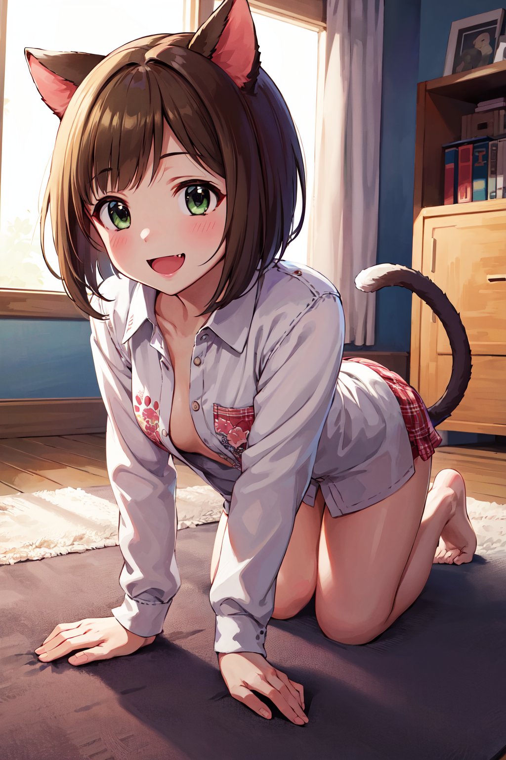 masterpiece, best quality, highres, maemiku, short hair, fang, animal ears, cat tail, long shirt, <lora:maekawa_miku_v1:0.7>, room, all fours, paw pose, smile, open mouth, toy