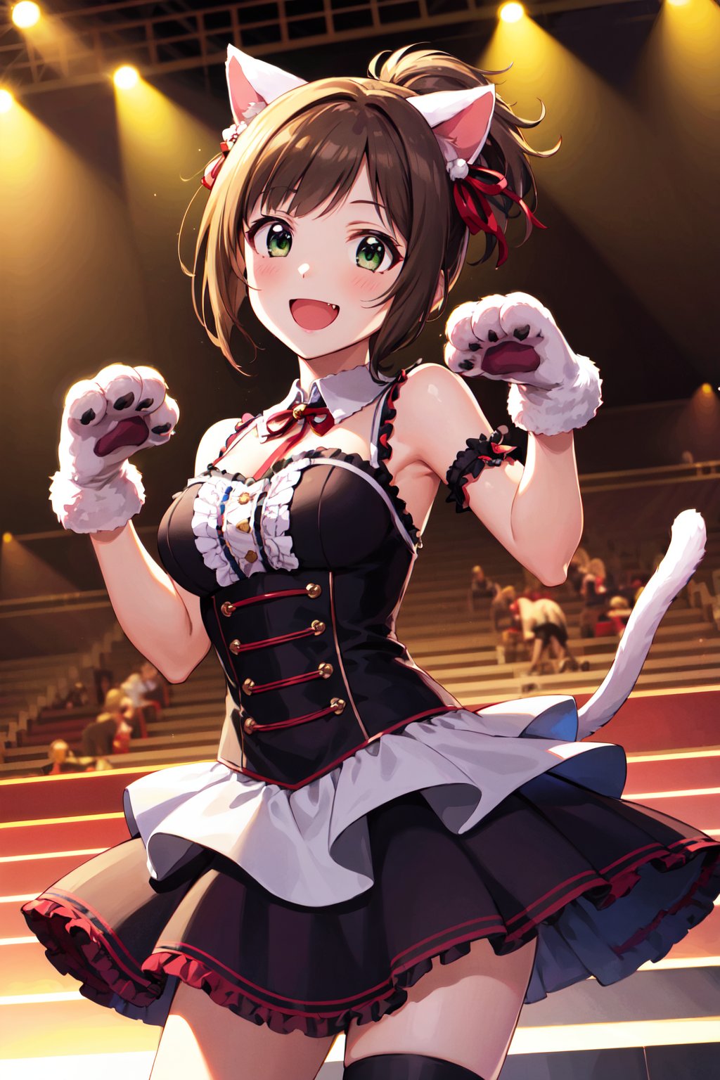 masterpiece, best quality, highres, maemiku, short hair, ponytail, fang, animal ears, cat tail, hair ornament, hair ribbon, medium breasts, dress, sleeveless, arm strap, frills, layered dress, animal hands, gloves, <lora:maekawa_miku_v1:0.7>, standing, cowboy shot, paw pose, smile, open mouth, stage