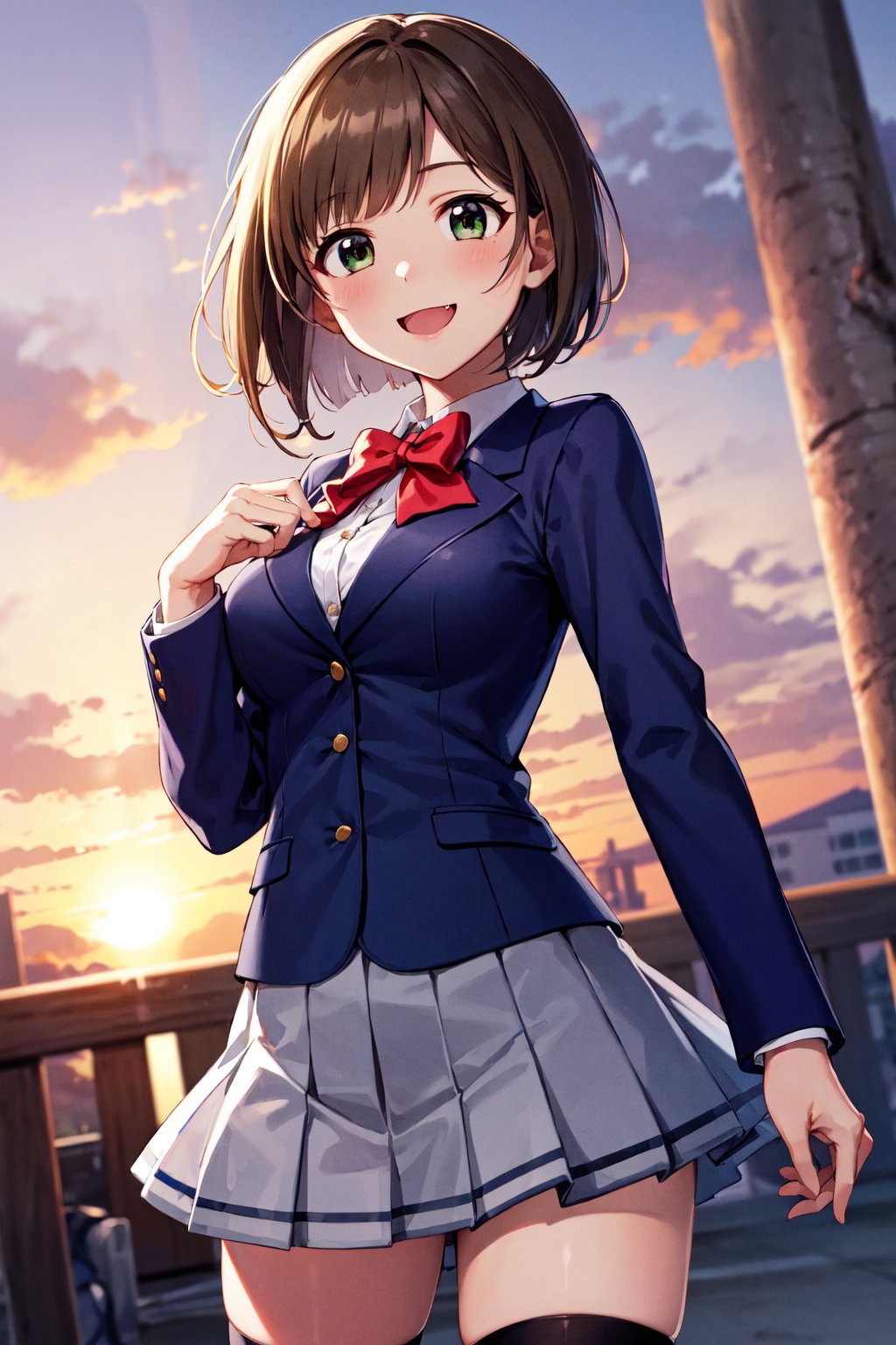 masterpiece, best quality, highres, maemiku, short hair, fang, school uniform, red bow, collared shirt, blue jacket, blazer, long sleeves, pleated skirt, grey skirt, black thighhighs, <lora:maekawa_miku_v1:0.7>, cowboy shot, smile, standing, outdoors