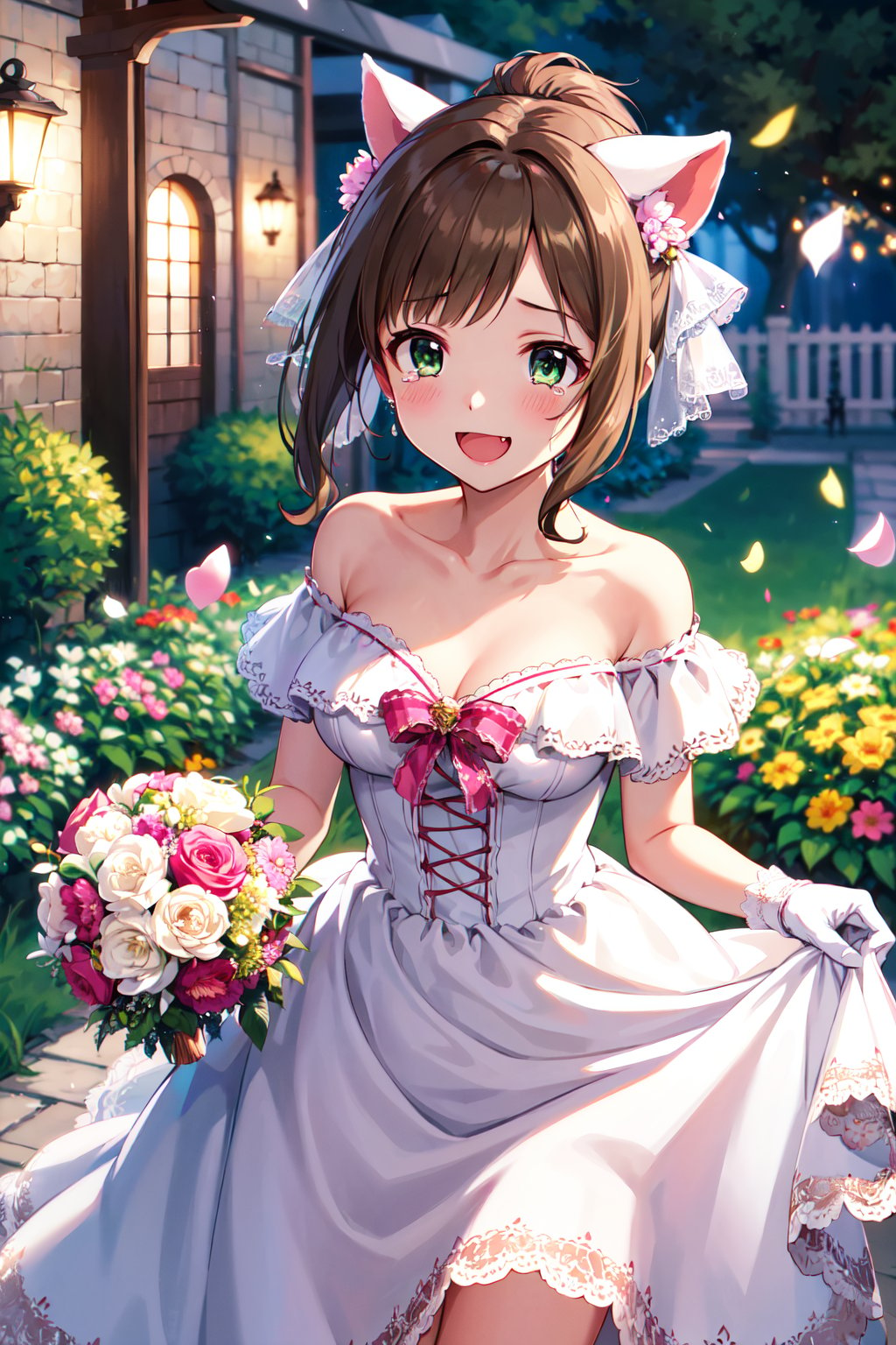 masterpiece, best quality, highres, maemiku, short hair, fang, ponytail, hair ribbon, animal ears, wedding dress, white gloves, off shoulder, <lora:maekawa_miku_v1:0.7>, garden, holding bouquet, standing, cowboy shot, (smile:1.1), open mouth, tears, confetti,