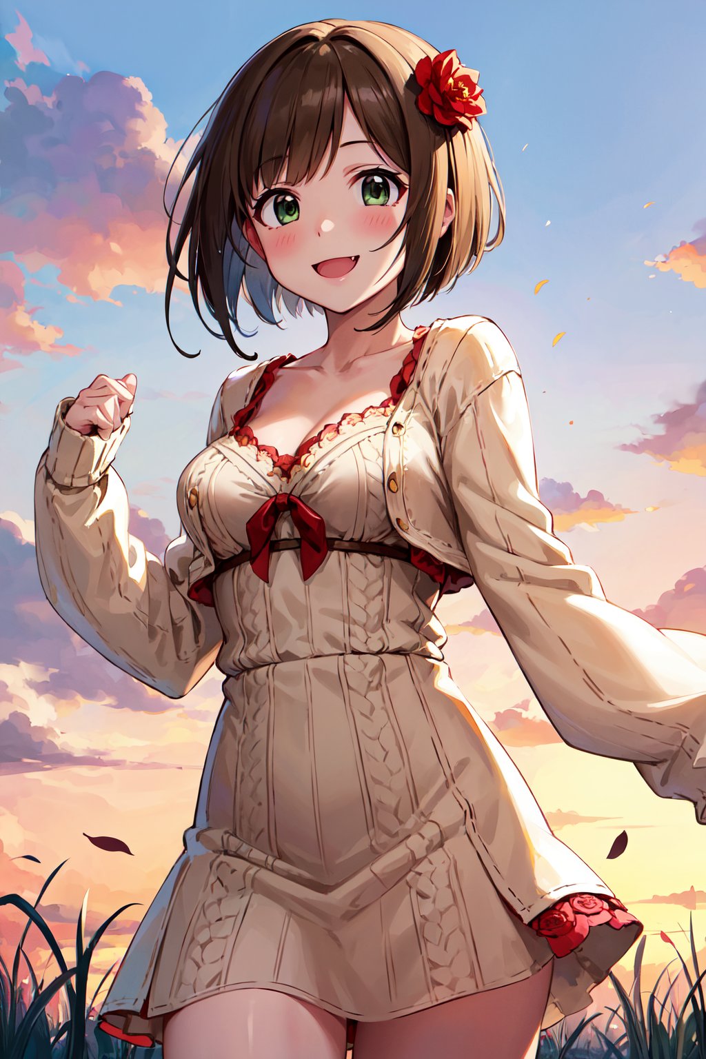 masterpiece, best quality, highres, maemiku, short hair, fang, hair flower, red flower, collarbone, cleavage, sweater dress, long sleeves, sleeves past wrists, <lora:maekawa_miku_v1:0.7>, cowboy shot, smile, standing