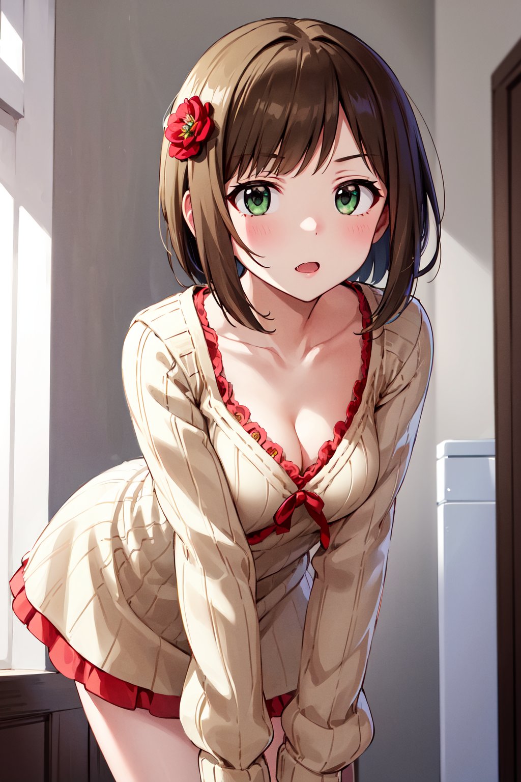 masterpiece, best quality, highres, maemiku, short hair, fang, hair flower, red flower, collarbone, cleavage, sweater dress, long sleeves, sleeves past wrists, <lora:maekawa_miku_v1:0.7>, leaning forward, serious, standing, indoors