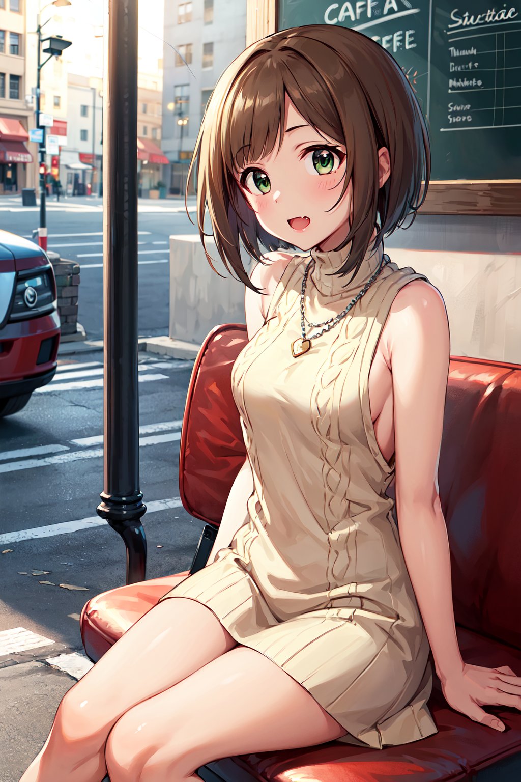 masterpiece, best quality, highres, maemiku, short hair, fang, necklace, turtleneck, sweater dress, virgin killer sweater, sleeveless, <lora:maekawa_miku_v1:0.7>, street, cafe, sitting, indoors