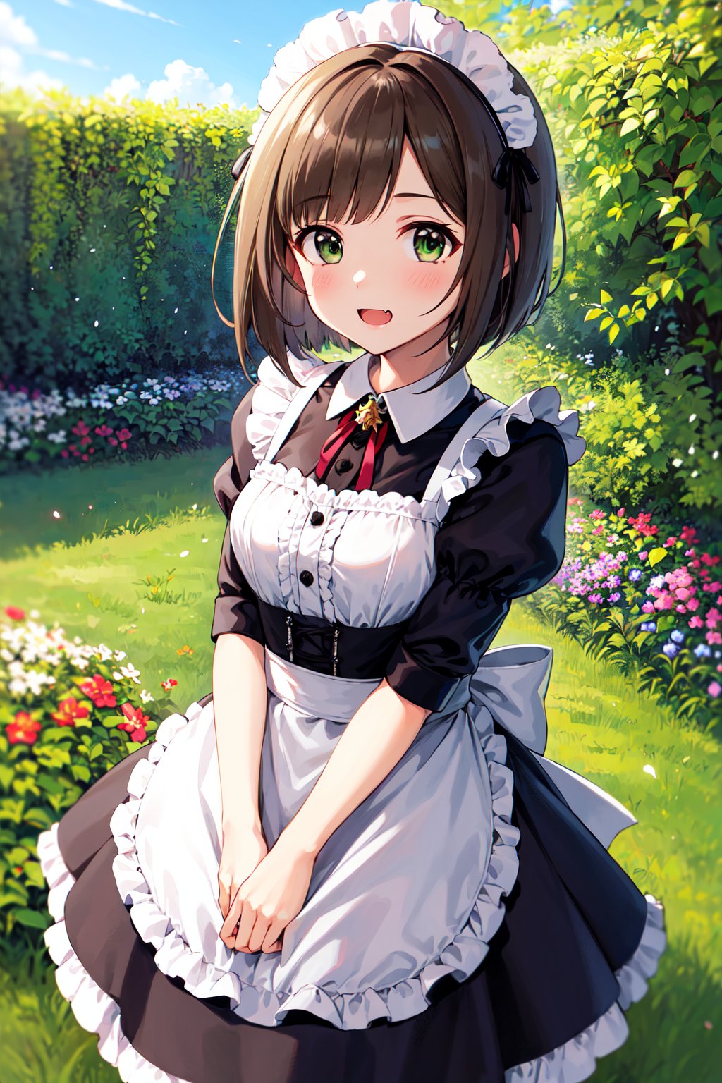 masterpiece, best quality, highres, maemiku, short hair, fang, maid headdress, maid, dress, apron, <lora:maekawa_miku_v1:0.7>, garden, standing, arms at sides, bluse sky,