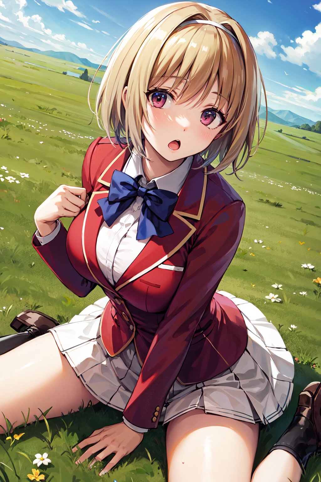 masterpiece, best quality, highres, aakikyo, short hair, hair intakes, white hairband, blue bowtie, collared shirt, blazer, red jacket, long sleeves, white skirt, pleated skirt, black socks, <lora:kushida_kikyo_v1:0.7>, wariza, grass, :o, loafers, 