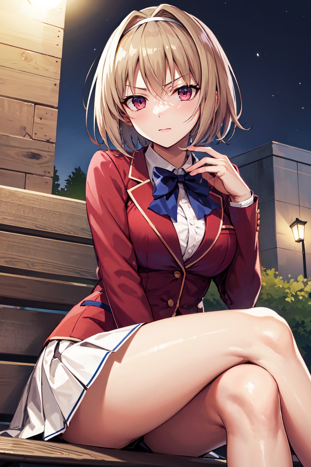 masterpiece, best quality, highres, aakikyo, short hair, hair intakes, white hairband, blue bowtie, collared shirt, blazer, red jacket, long sleeves, white skirt, pleated skirt, black socks, <lora:kushida_kikyo_v1:0.7>, sitting, bench, crossed legs, outdoors, night, serious,