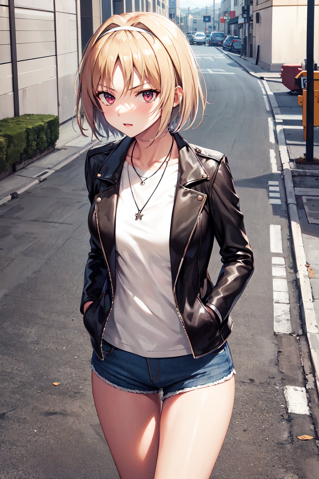 masterpiece, best quality, highres, aakikyo, short hair, hair intakes, white hairband, <lora:kushida_kikyo_v1:0.7>, shirt, t-shirt, short shorts, serious, leather jacket, black jacket, long sleeves, necklace, hands in pockets, street, walking, cowboy shot, 