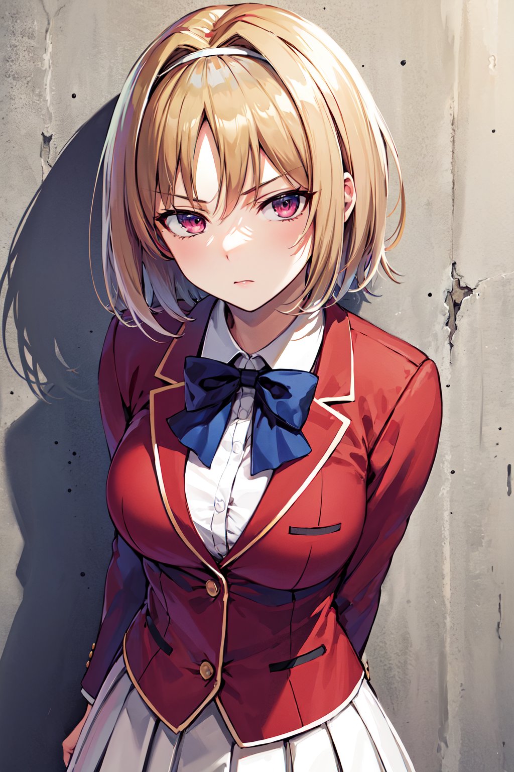 masterpiece, best quality, highres, aakikyo, short hair, hair intakes, white hairband, blue bowtie, collared shirt, blazer, red jacket, long sleeves, white skirt, pleated skirt, black socks, <lora:kushida_kikyo_v1:0.7>, street, wall, serious, looking at viewer, 