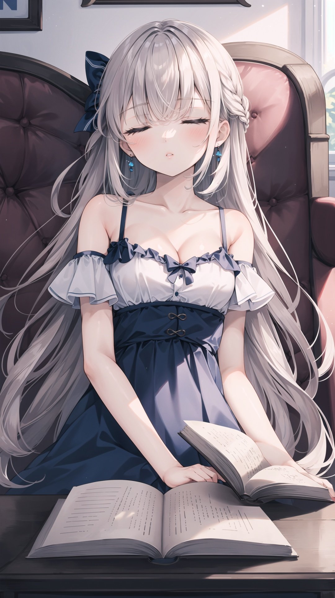  1girl, solo, book, closed eyes, long hair, bow, breasts, hair bow, wings, dress, feathered wings, open book, sitting, bare shoulders, earrings, jewelry, braid, sleeping, bangs, collarbone, cleavage, grey dress, medium breasts, parted lips