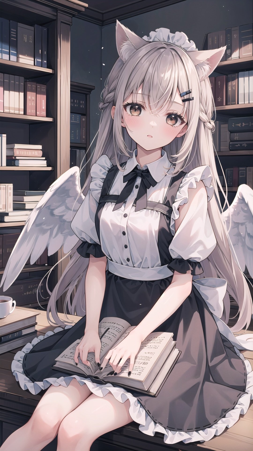 multiple girls, 2girls, maid, wings, apron, animal ears, maid headdress, indoors, angel wings, hair ornament, dress, maid apron, feathered wings, book, black nails, sitting, hairclip, long hair, instrument, grey hair, bookshelf, brown eyes, black dress