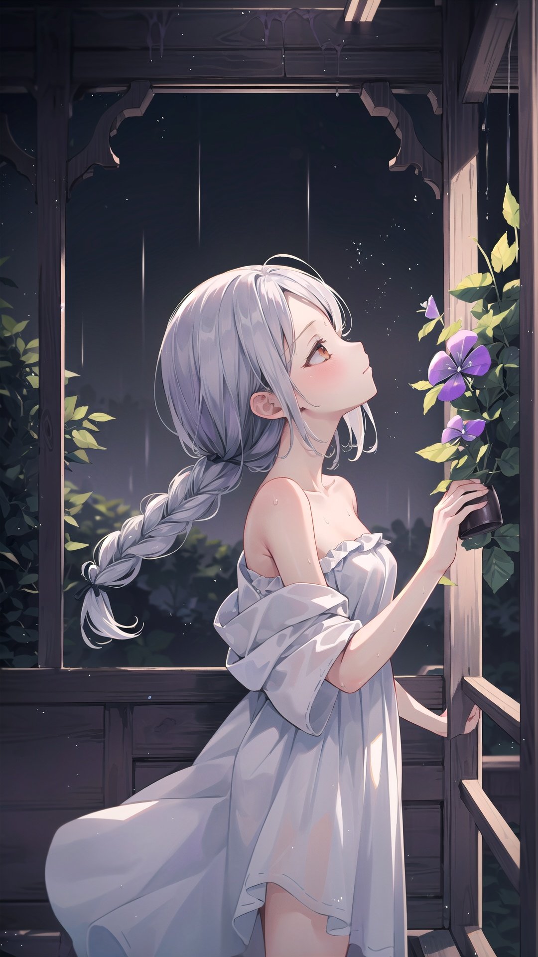 late at night, dark, light rain, dark, (((silver, glimmer)), contrast, phenomenal aesthetic, best quality, sumptuous artwork, (masterpiece), (best quality), (ultra-detailed), (((illustration))), ((an extremely delicate and beautiful)), (detailed light), light rain, dark, 



(((mallow))), (((mallow))), vines, forest, ruins, Blurred picture, lens flare, hdr, Tyndall effect, damp, wet, 

1girl, bare shoulders, cold theme, white hair, white dress, closed mouth, constel lation, flat color, braid, blinking, white robe, constel lation, flat color, looking up, standing, medium hair, standing, solo