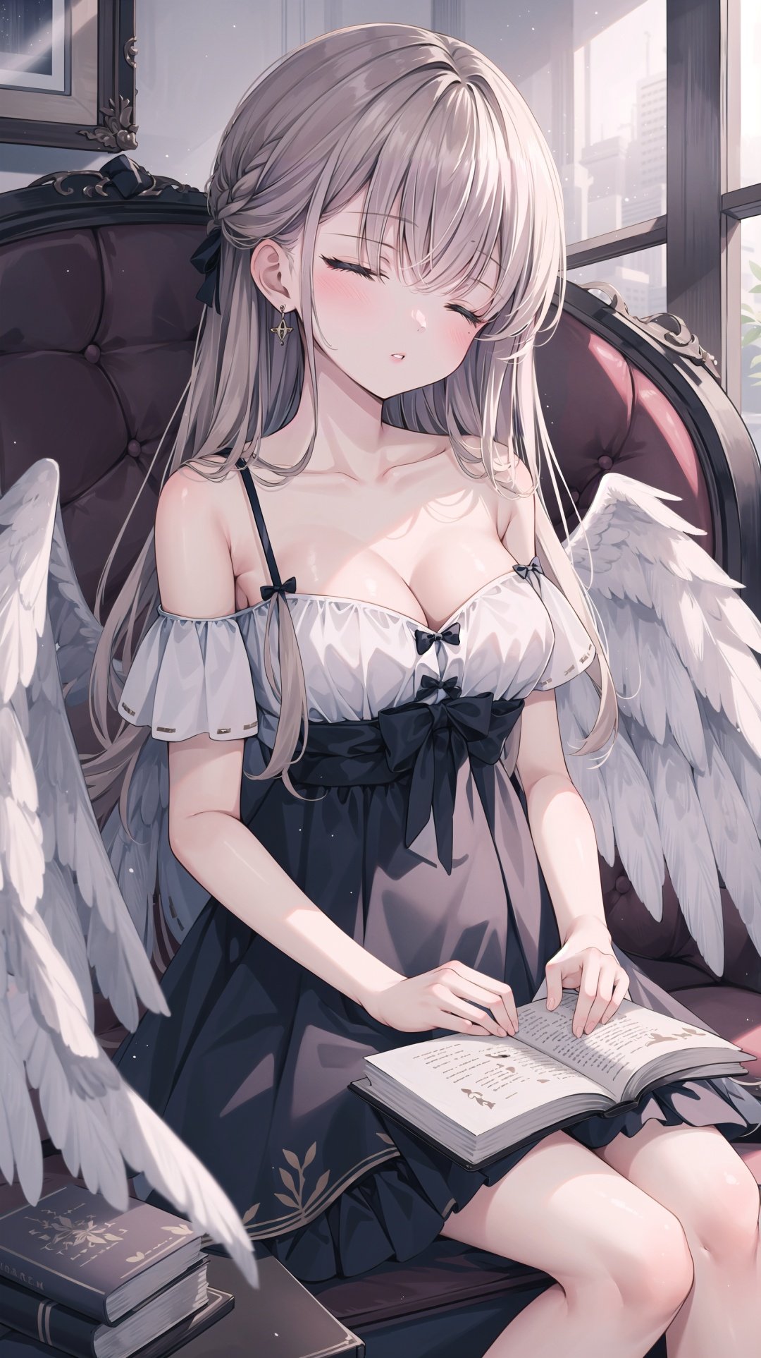  1girl, solo, book, closed eyes, long hair, bow, breasts, hair bow, wings, dress, feathered wings, open book, sitting, bare shoulders, earrings, jewelry, braid, sleeping, bangs, collarbone, cleavage, grey dress, medium breasts, parted lips