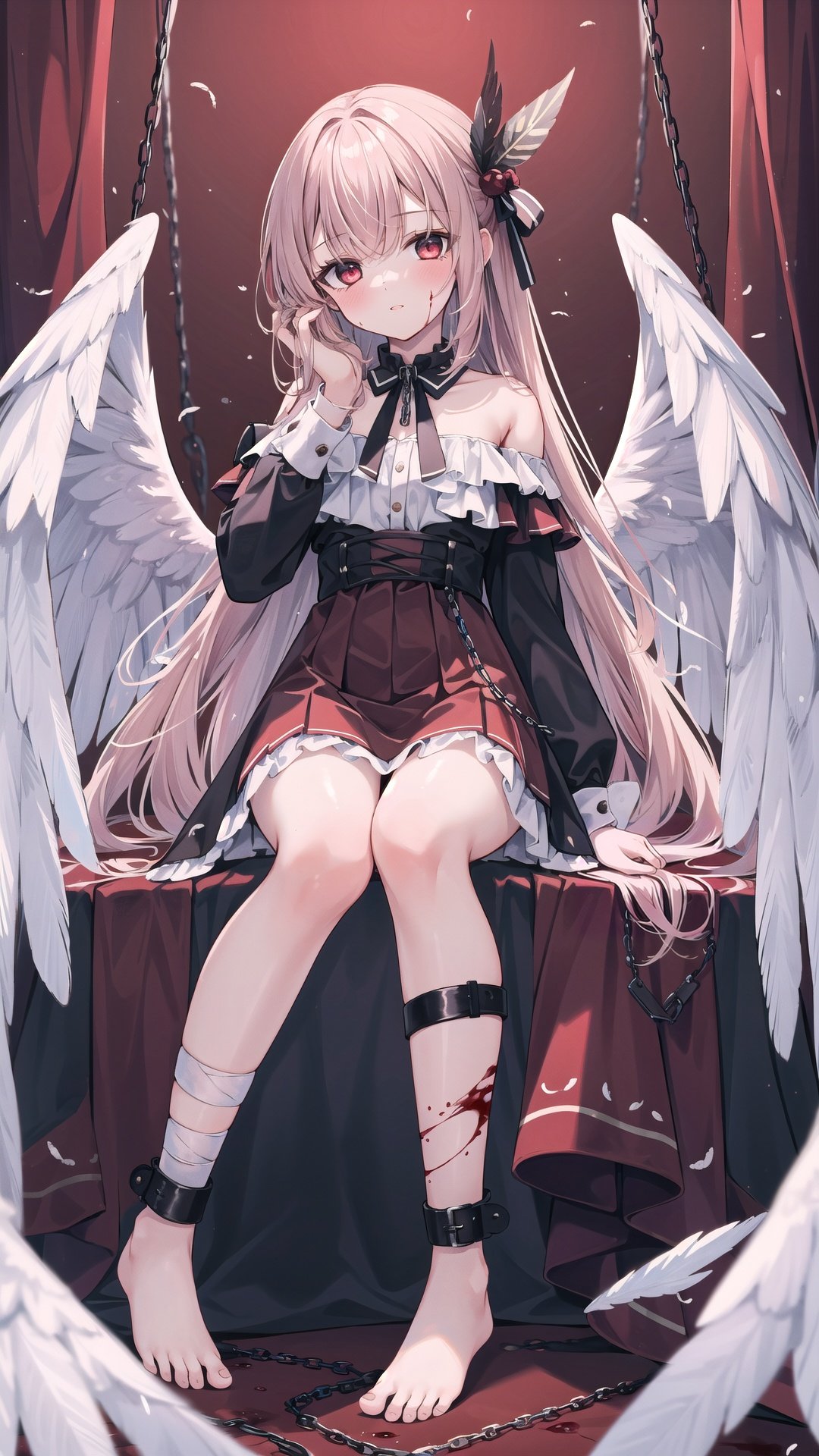  1girl, solo, wings, blood, long hair, sitting, chain, red eyes, blood on hands, feathered wings, barefoot, blood on face, blood from eyes, dress, long sleeves, cuffs, feathers, frills, looking at viewer, very long hair, white wings, bandages, shackles, bangs