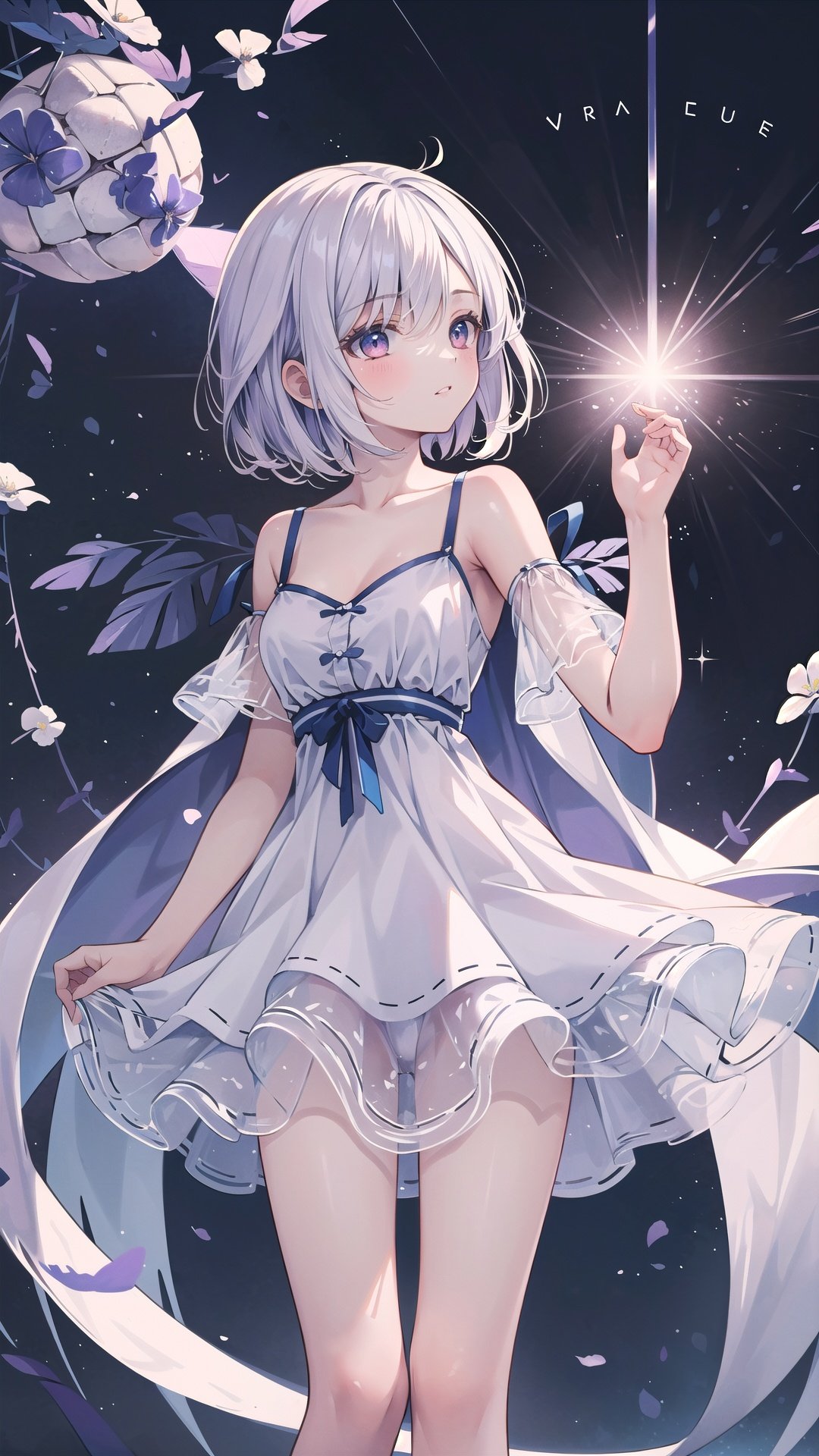 contrast, phenomenal aesthetic, best quality, sumptuous artwork, (masterpiece), (best quality), (ultra-detailed), (((illustration))), ((an extremely delicate and beautiful)), (detailed light), 
1girl, white hair, white dress,blinking, looking up, standing, medium hair, standing, solo,(((mallow))), (((mallow))), 