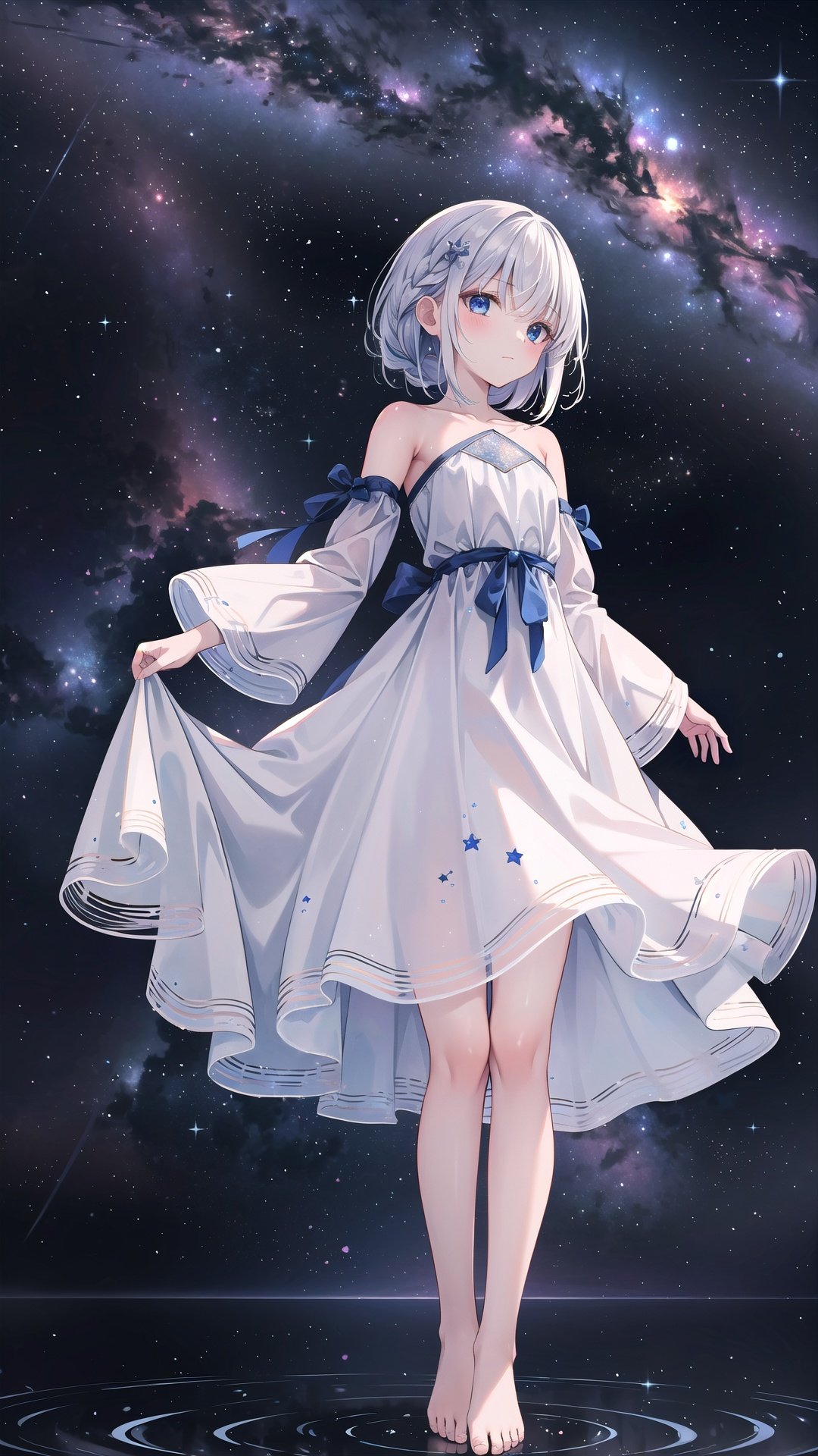 (silver, glimmer)), contrast, phenomenal aesthetic, best quality, sumptuous artwork, (masterpiece), (best quality), (ultra-detailed), (((illustration))), ((an extremely delicate and beautiful)), (detailed light), Blue Theme, cold theme, broken glass, broken wall, ((an array of stars)), ((starry sky)), the Milky Way, star, Reflecting the starry water surface, (1girl:1.3), awhite hair, blinking, white dress, closed mouth, constel lation, flat color, white hair, braid, blinking, white robe, barefoot, float, flat color, looking up, standing, medium hair, standing, solo, space, universe, Nebula, many stars, fanxing, A skirt adorned with starry sky decorations, (((Starry sky adorns beautiful detailed dress))), The starry sky covered the entire dress